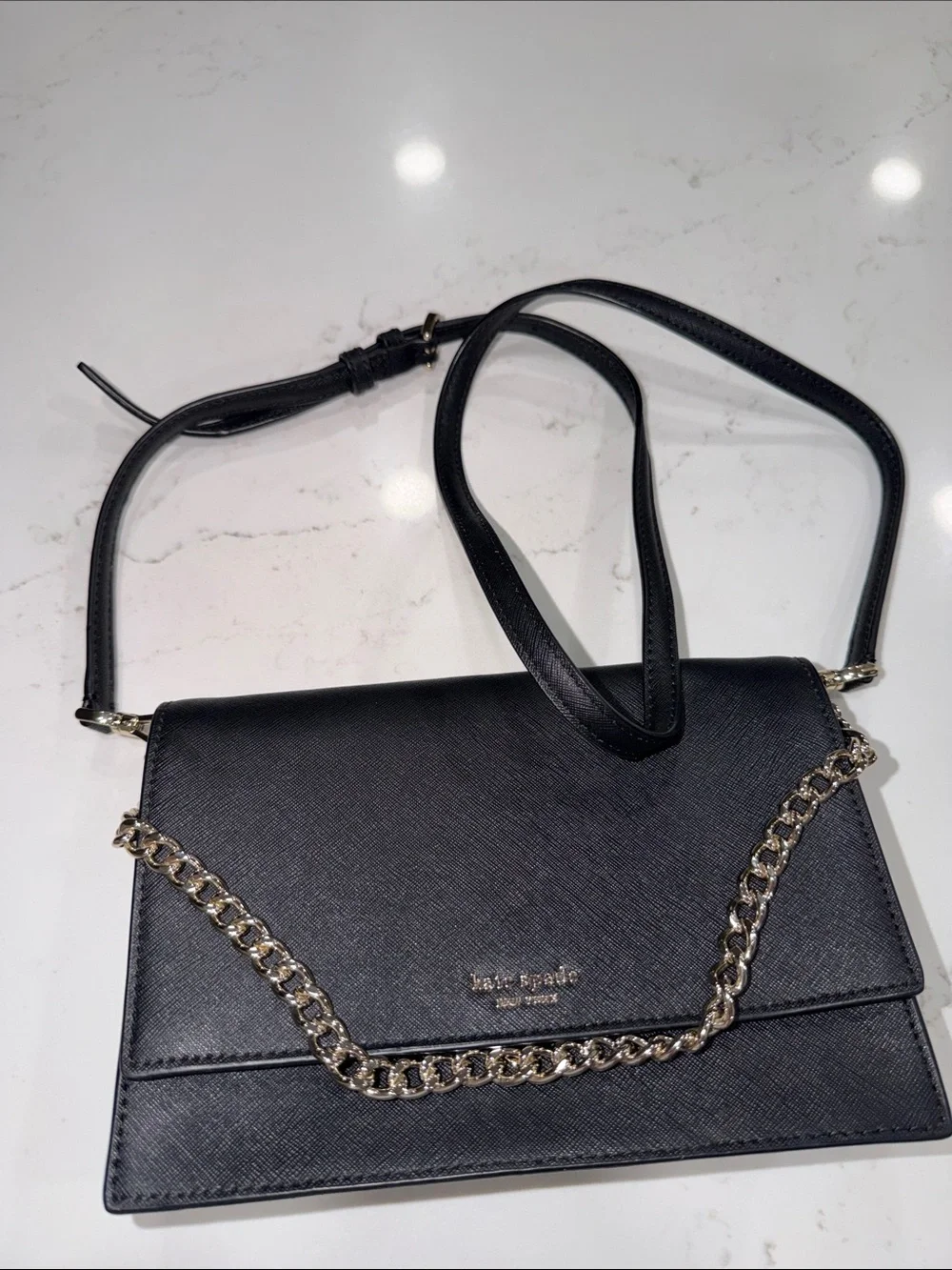 kate spade Black Saffiano Crossbody Bag or over the shoulder Gold Chain